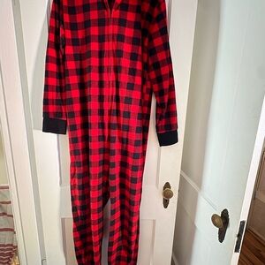 Holiday Onesie in Red and Black Buffalo Plaid fleece, unisex w bear hood, L